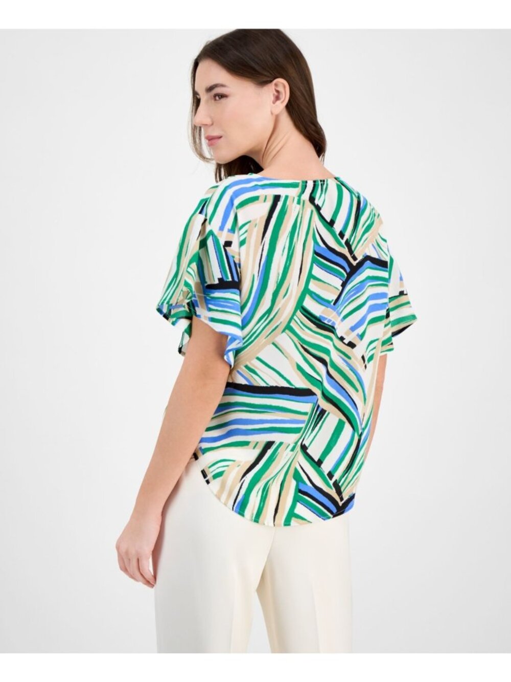 Anne Klein Women's Printed Boat-Neck Flutter-Sleeve Top Green Size S $69